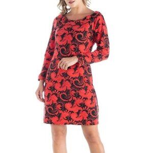 24Seven Comfort Apparel Sweater Dress Sz Large Red Black Paisley Portrait Collar